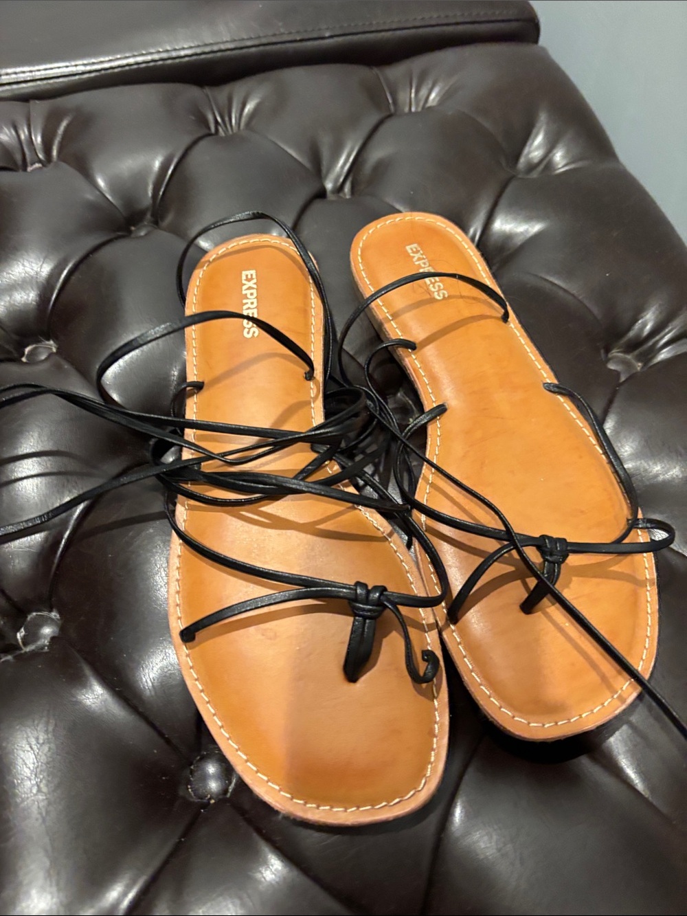 Express Black Lace-Up Sandals with Tan Footbed